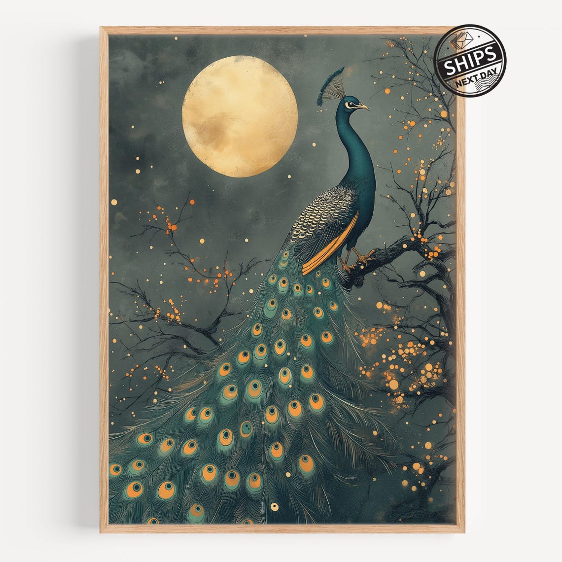 Peacock Under a Golden Moon Maximalist Vintage Bird Art Poster