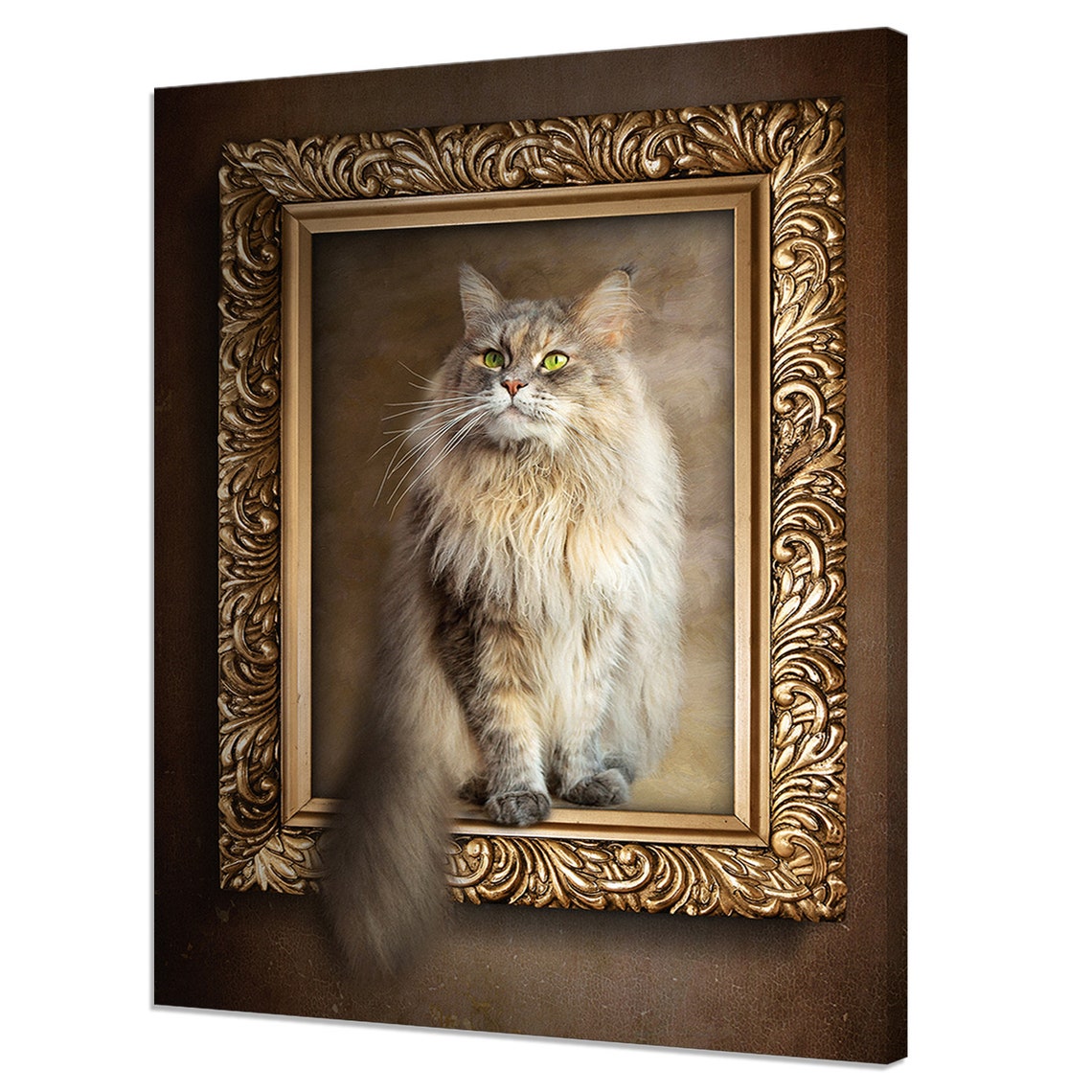 Long Haired Grey Cat Gold Ornate Frame Vintage Style Portrait Poster