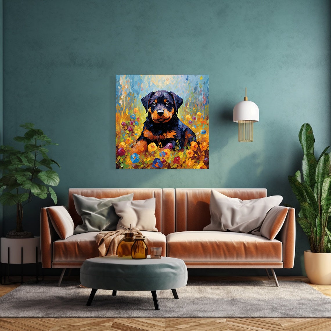 Rottweiler Puppy In Flower Meadow Colorful Mosaic Painting Poster - Image 2