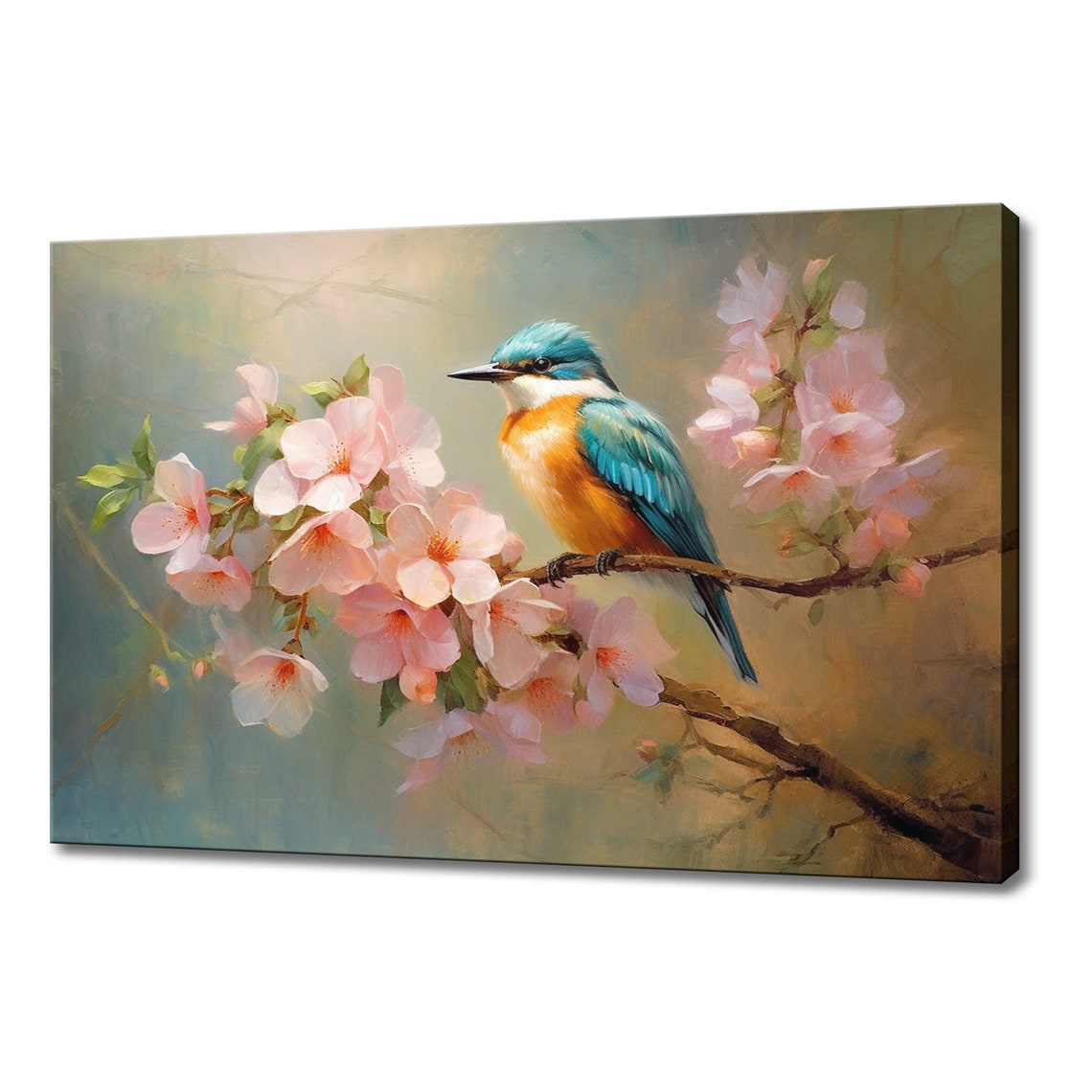 Blue Orange Songbird Perched On Pink Cherry Blossom Painting Poster