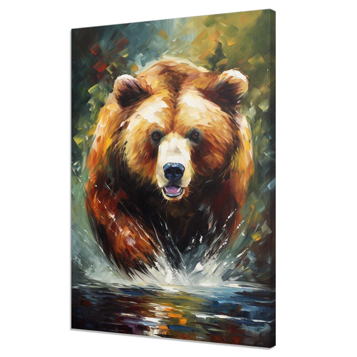 Charging Brown Bear Splashing Water Expressive Oil Painting Animal Poster