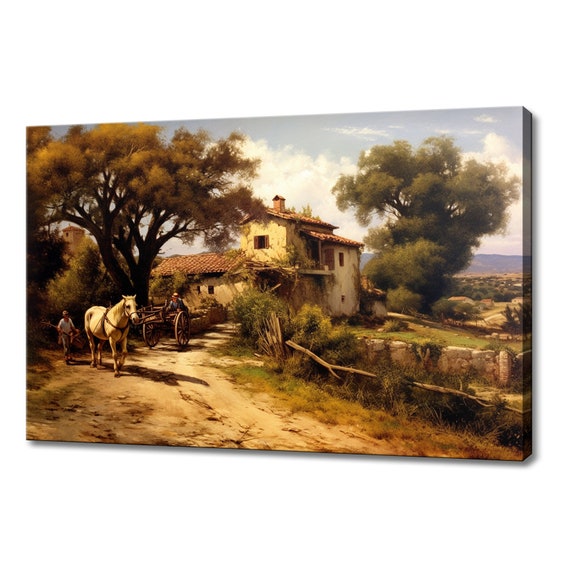 Village Cottage Farmers Vintage Painting Style Print Farmhouse Decor Art Nature Picture Wall Hanging Fine Art Print
