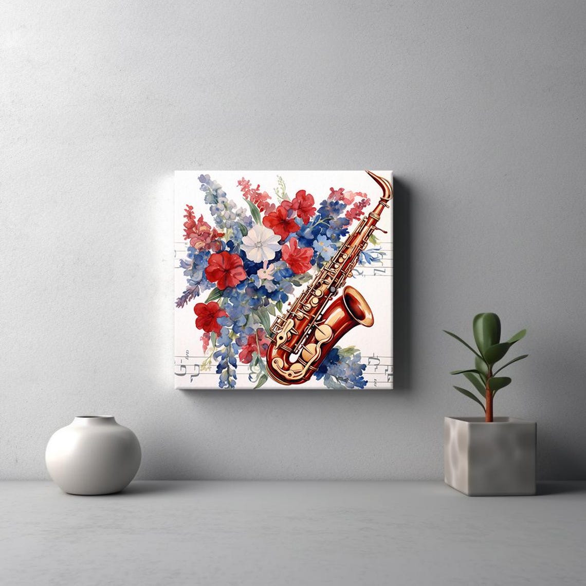 Saxophone With Red Blue Flowers Watercolor Music Lover Gift Art Print - Image 3