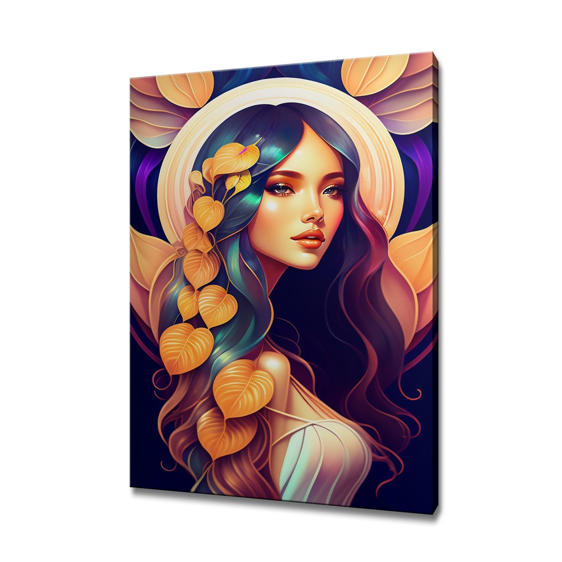 Fantasy Golden Leaves Goddess Portrait Dark Teal Mystic Wall Art Print