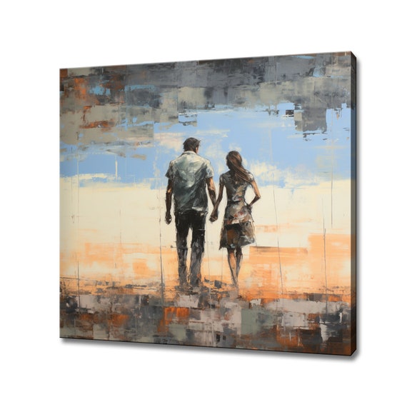 Couple Holding Hands Rustic Landscape Painting Style Print Large Wall Art Print Neutral Nature Picture Wall Hanging