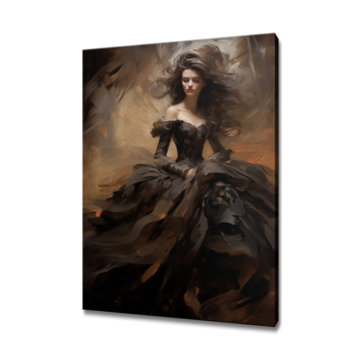 Elegant Lady in Dark Brown Victorian Gown Windblown Hair Beauty Poster