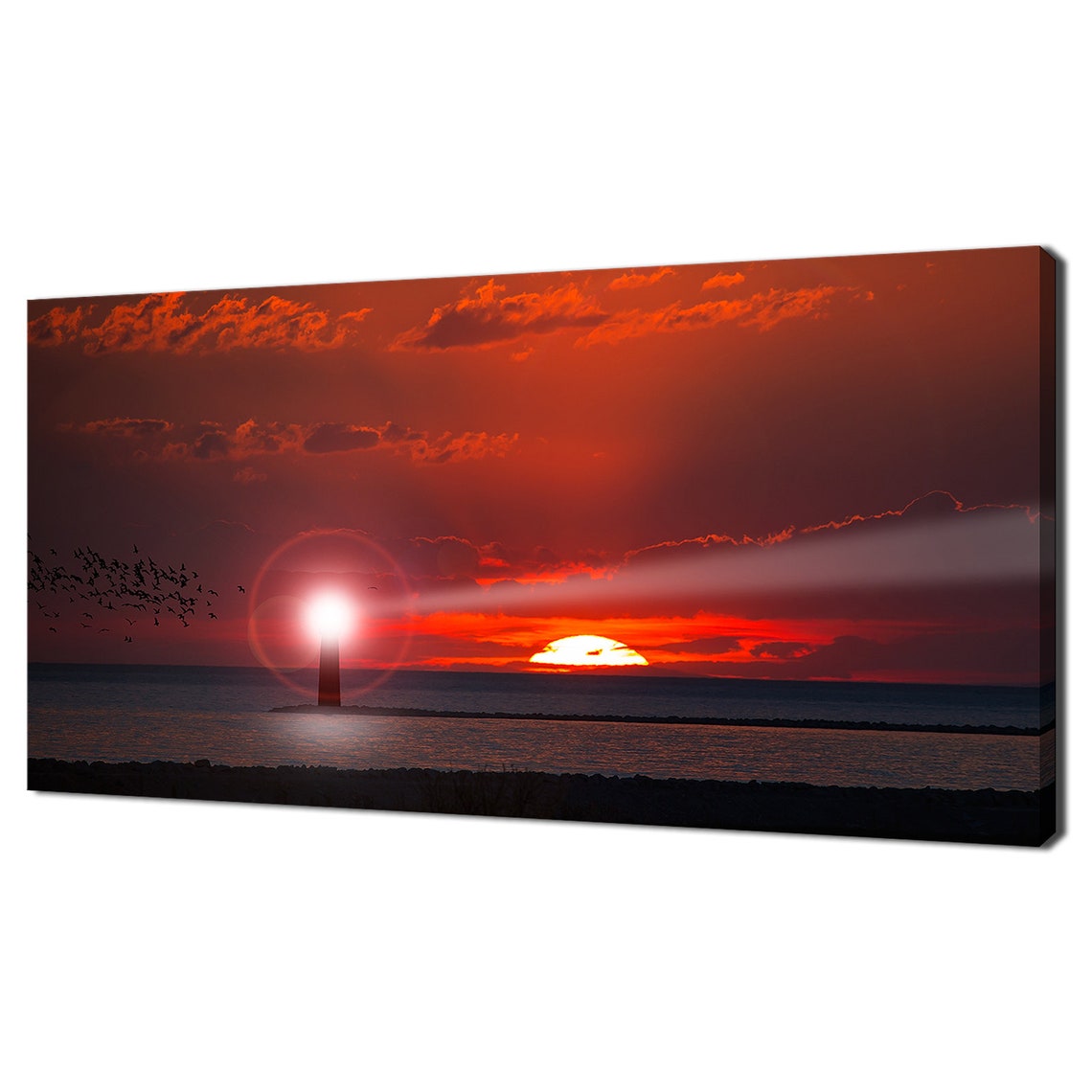 Red Sunset Lighthouse On The Coast Seascape Panorama Landscape Modern Design Home Decor Print Wall Art Picture