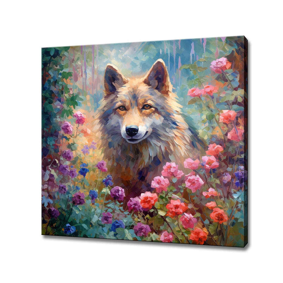 Majestic Wolf In Blooming Flower Garden Impressionist Animal Poster