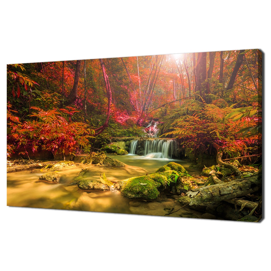 Forest Waterfall Red Autumn Foliage Mossy Rocks Stream Nature Poster