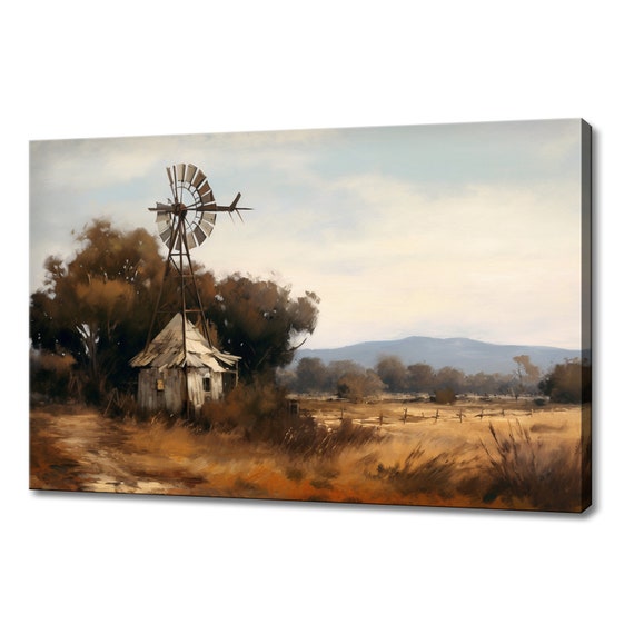 Vintage Countryside Windmill Painting Style Print Farmhouse Decor Art Nature Picture Wall Hanging Fine Art Print