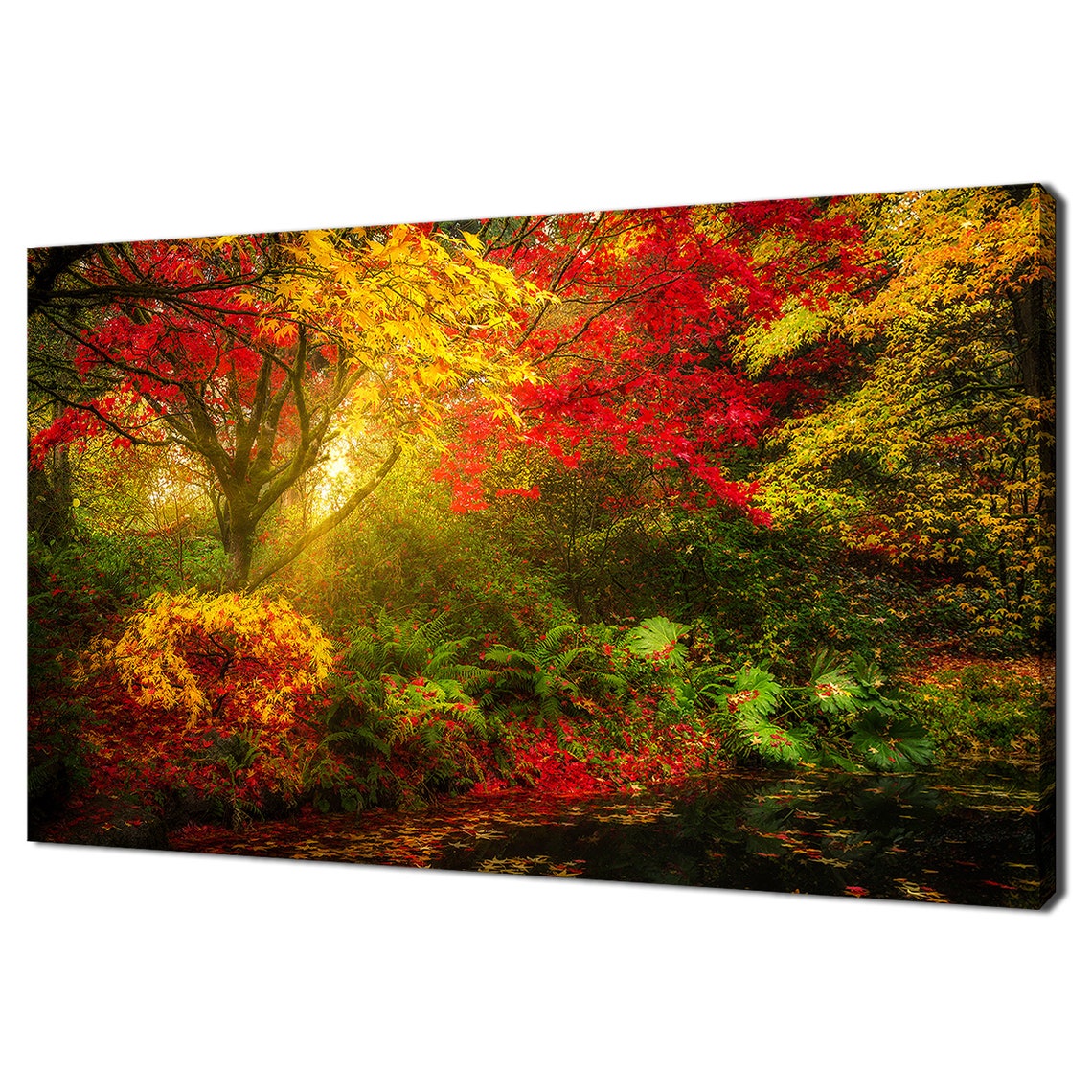 Dreamy Autumn Forest With Red Gold Maple Trees Pond View Poster