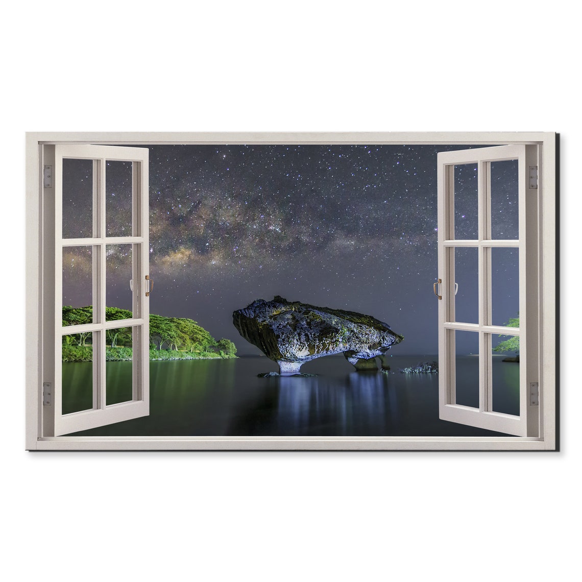 Milky Way Starry Night Sea Rock Formation Open Window View Poster