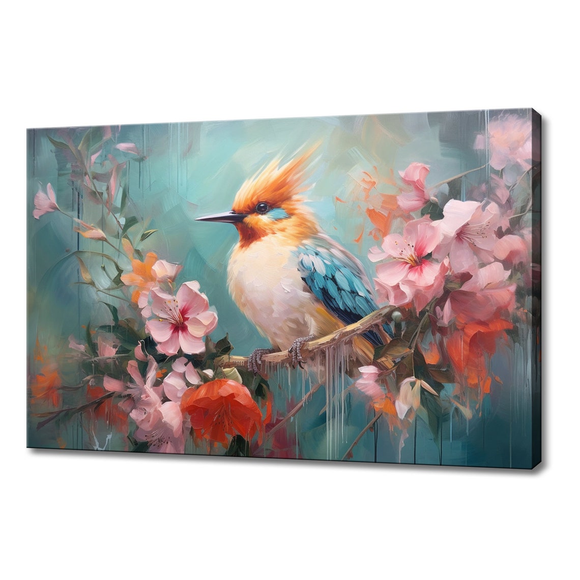Crested Orange Blue Songbird Cherry Blossom Branch Teal Art Poster