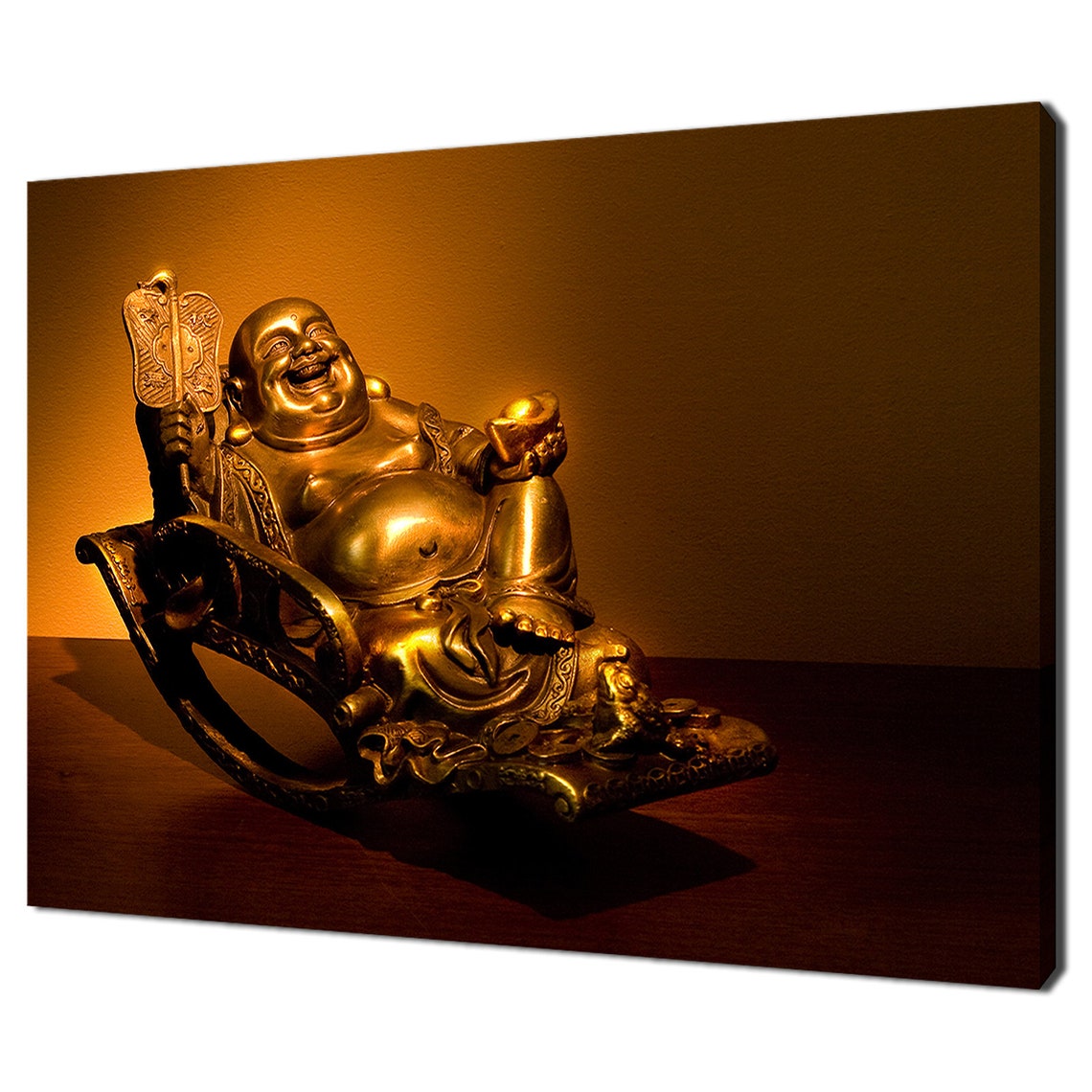 Golden Laughing Buddha Statue Warm Light Feng Shui Decor Art Poster