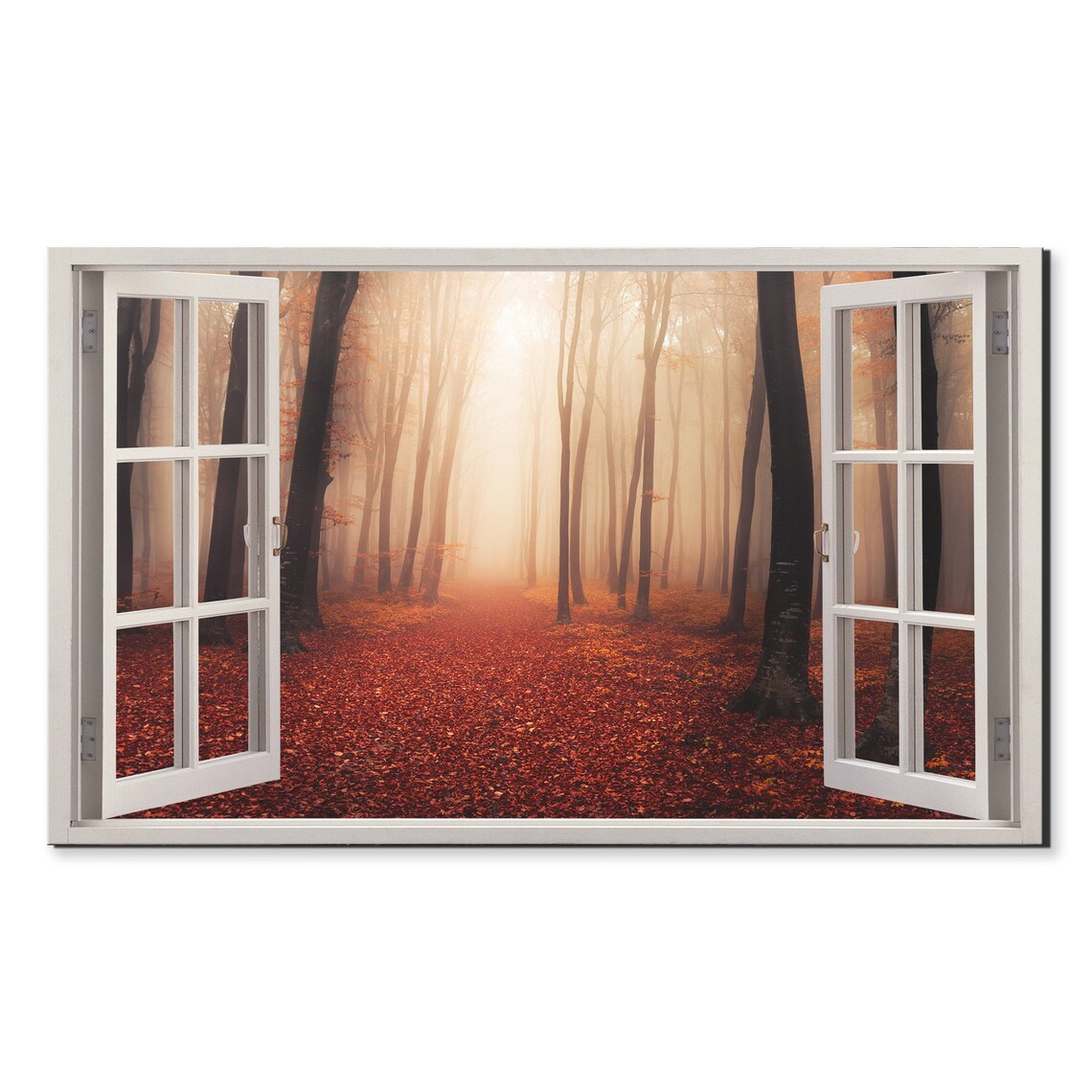 Mysterious Red Foggy Forest Window View Window Frame Style Modern Design Home Decor Print Wall Art Picture Ready To Hang