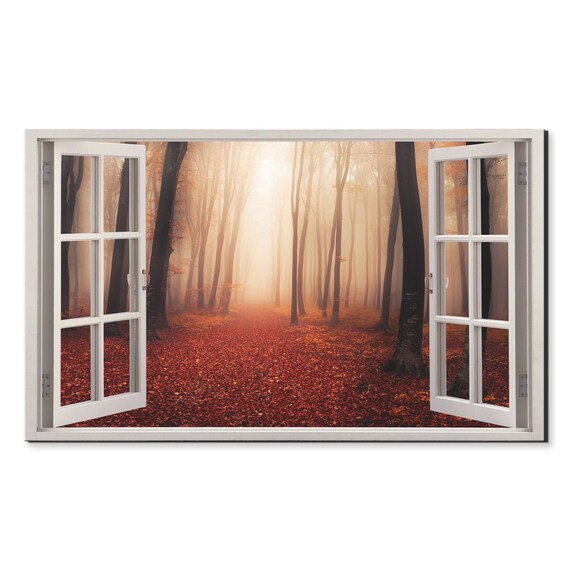 Mysterious Red Foggy Forest Window View Window Frame Style Modern Design Home Decor Print Wall Art Picture Ready To Hang