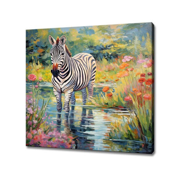 Zebra Standing By River Colorful Wildflower Impressionist Style Poster