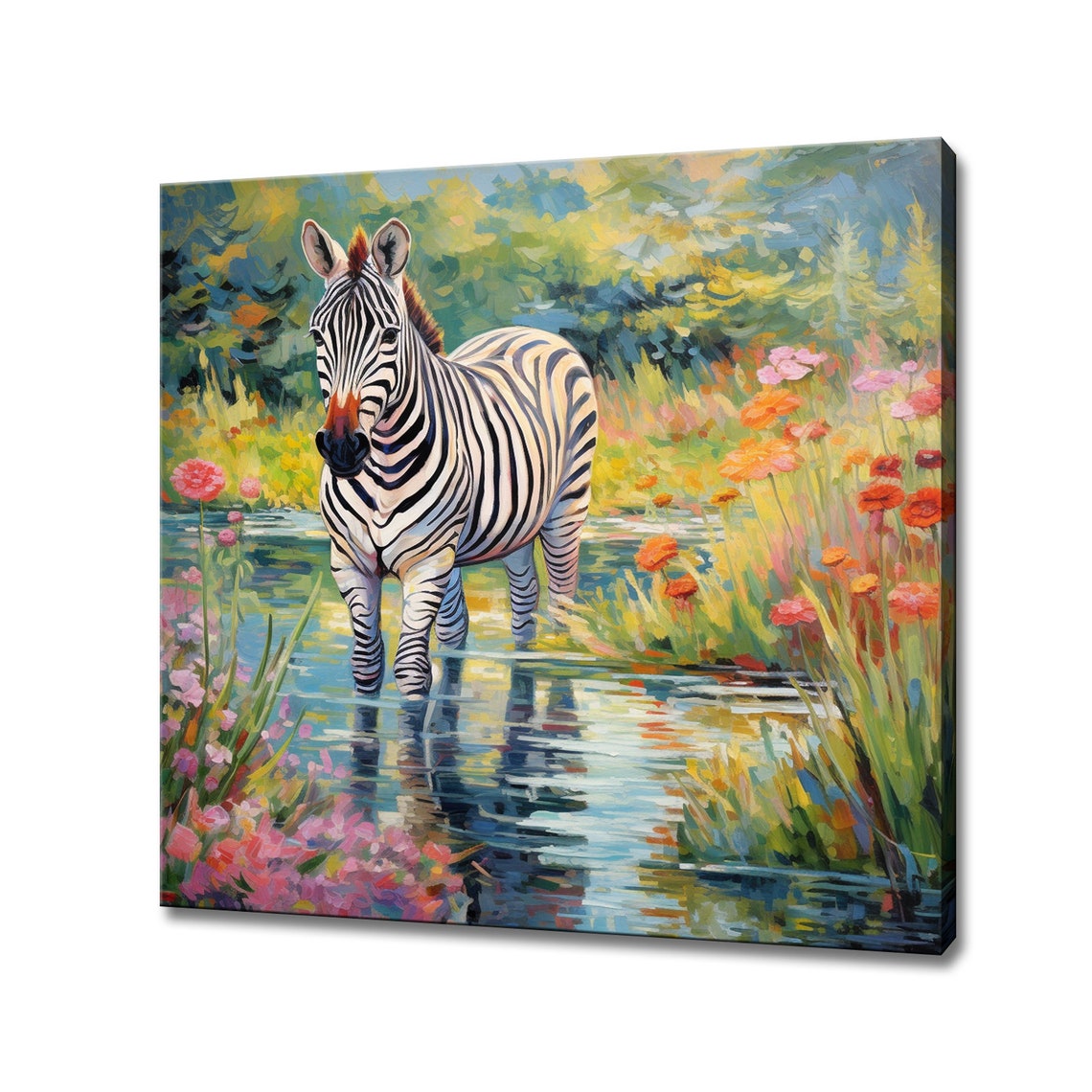 Zebra Standing By River Colorful Wildflower Impressionist Style Poster