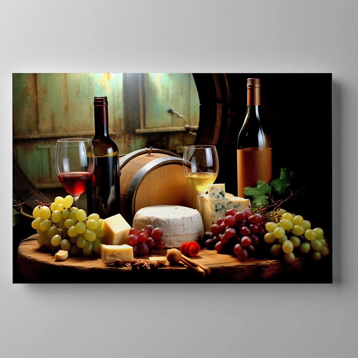 Vintage Wine Bottles Cheese Grapes Rustic Cellar Still Life Art Print - Image 3