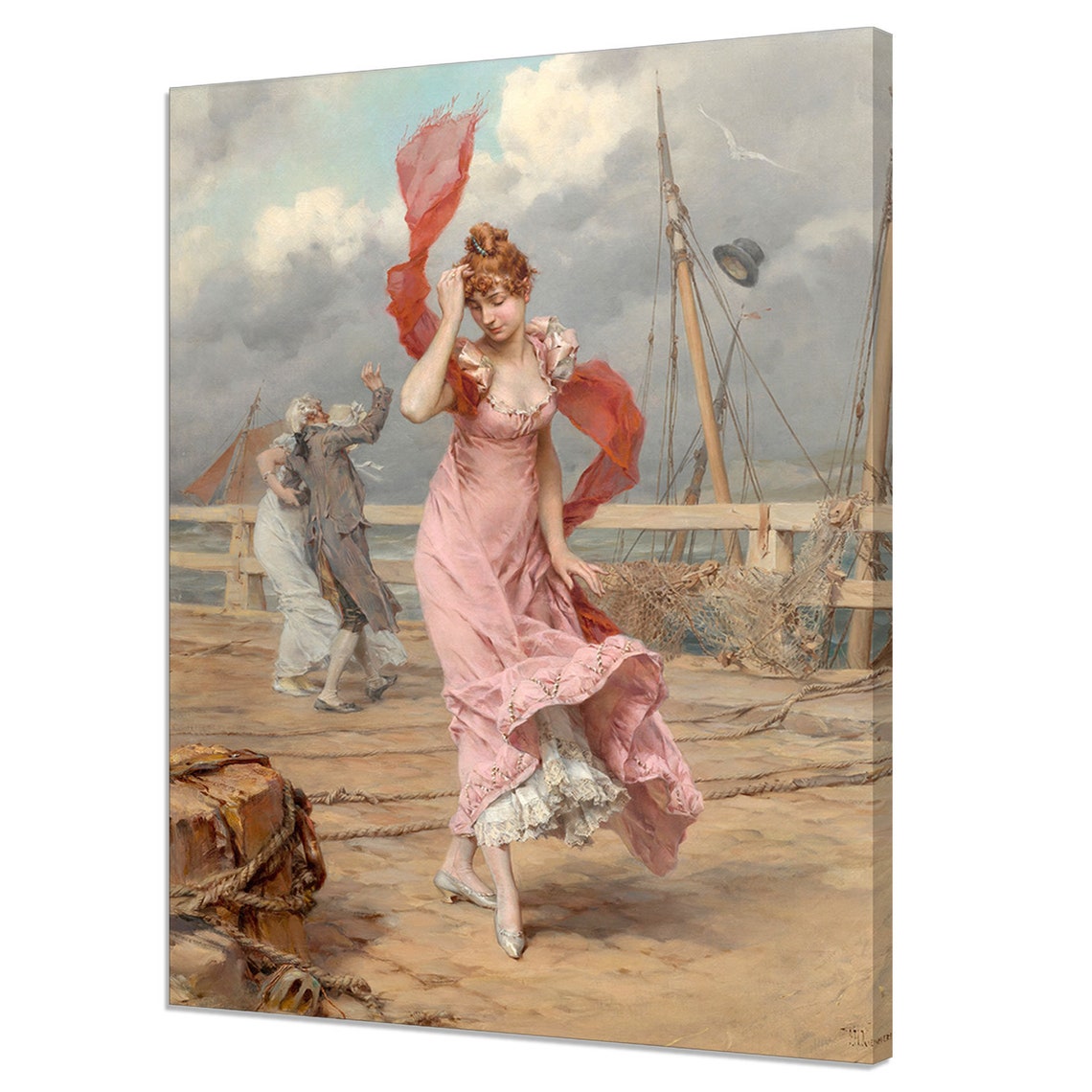A Blustery Day 1860s Frederik Hendrik Kaemmerer Reproduction Vintage Oil Painting Print Antique Female Portrait Woman By The Sea