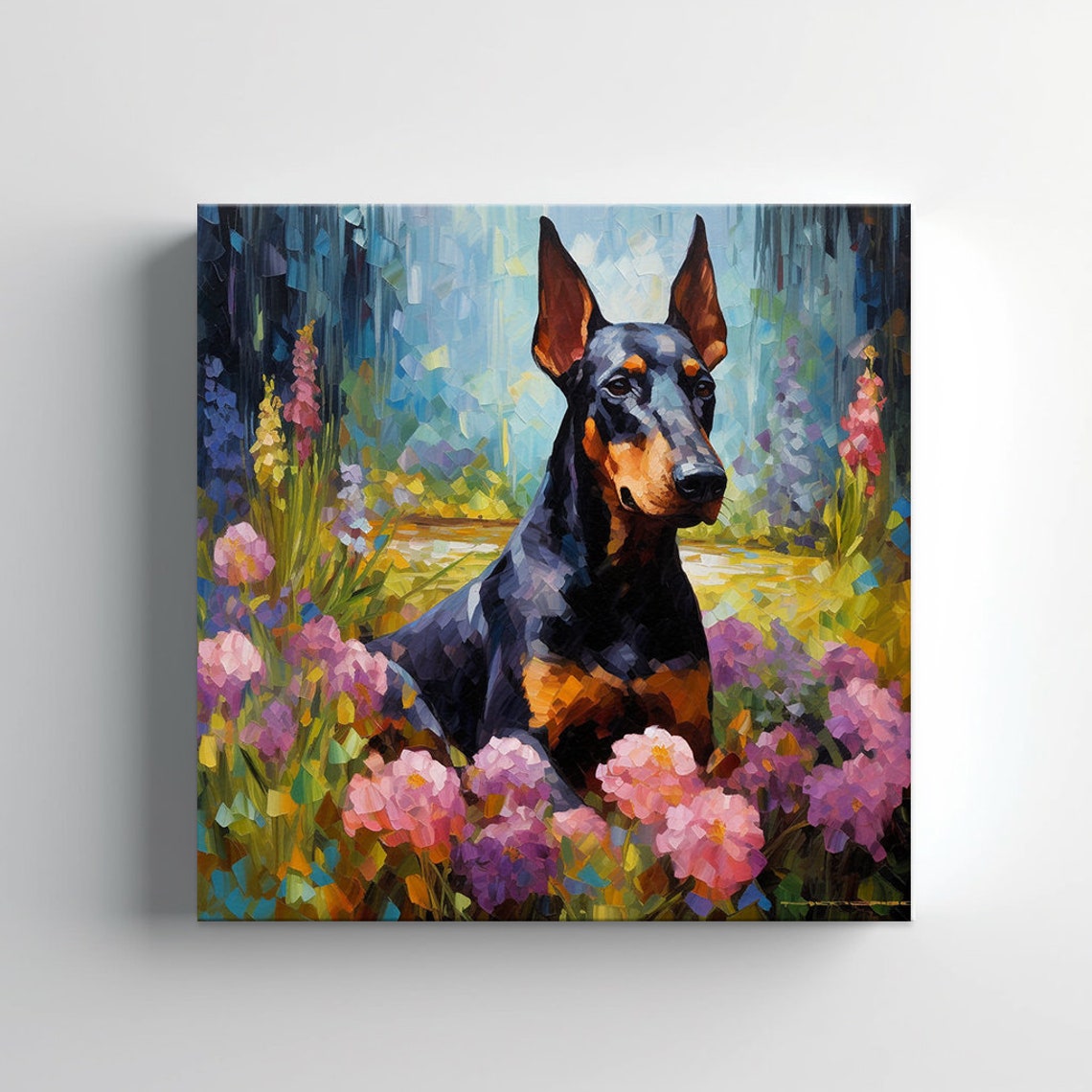 Doberman Dog In Flowers Field Animal Print Gift For Doberman Dog Lover Colourful Dog Portrait Painting Print Dog Pet Wall Art - Image 3