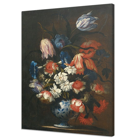 Still Life With Tulips Carnations Flowers In Porcelain Vase Victorian Fine Art Vintage Oil Painting Print Dark Moody Floral Art