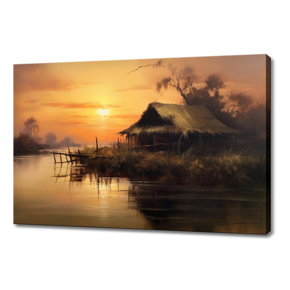 Thatched Hut Lakeside Sunset Orange Sky Riverside Cabin Vintage Poster