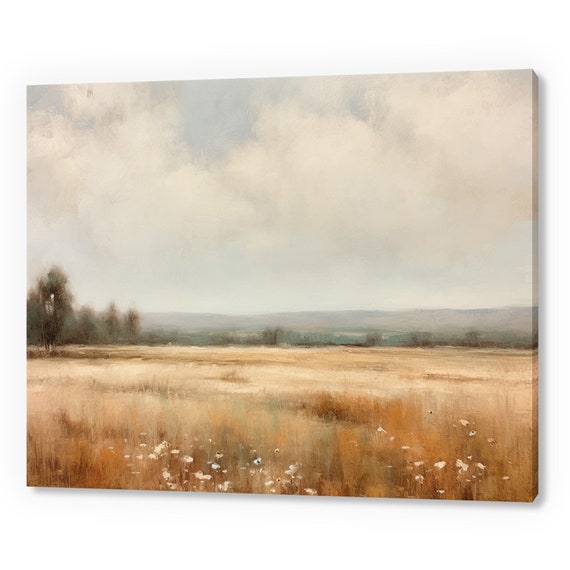 Vintage Country Landscape Spring Meadow Muted Moody Painting Style Print Farmhouse Decor Art Neutral Nature Picture Wall Hanging