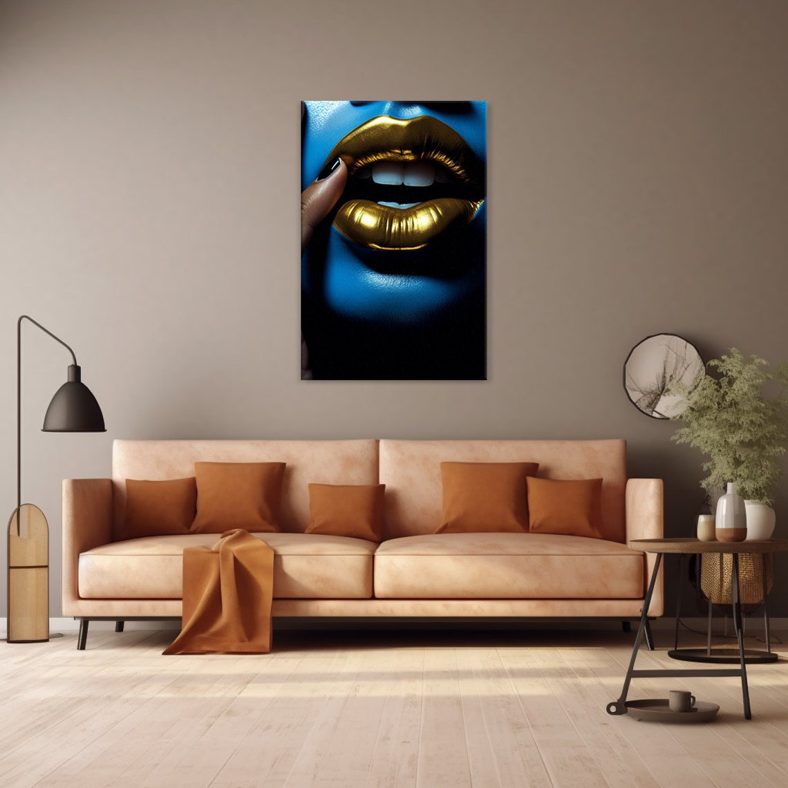 Metallic Gold Lips on Blue Skin Bold Beauty Makeup Art Wall Poster - Image 4