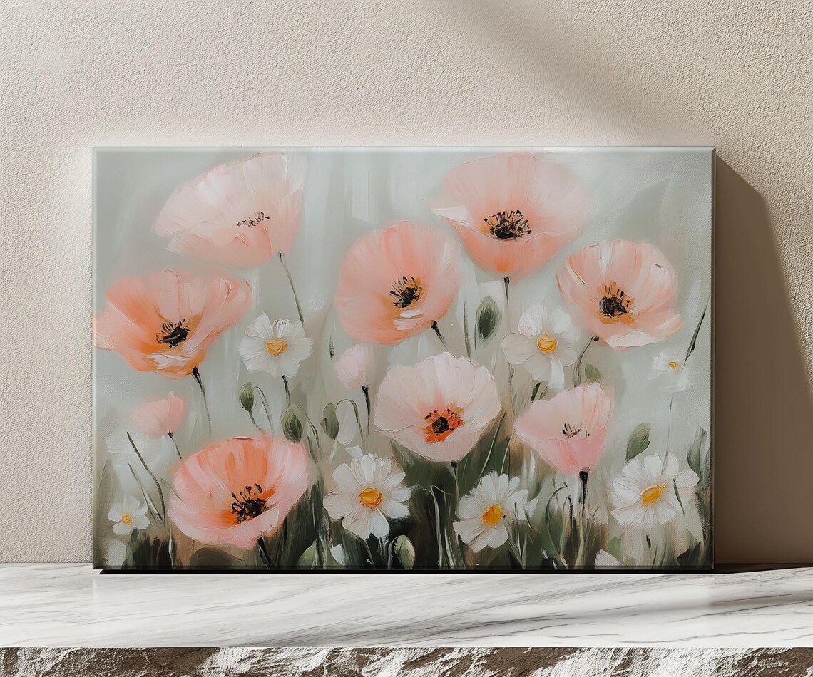 Peach Poppies And White Daisies Soft Oil Painting Floral Print - Image 3