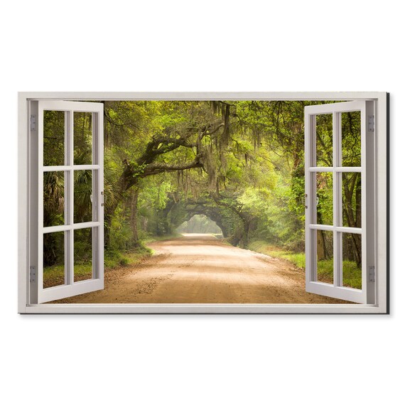 Road Through Green Forest Trees Window View Window Frame Style Modern Design Home Decor Print Wall Art Picture Ready To Hang