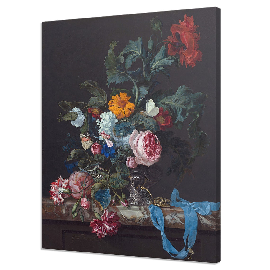 Dutch Baroque Still Life With Roses Poppies And Blue Ribbon Art Poster