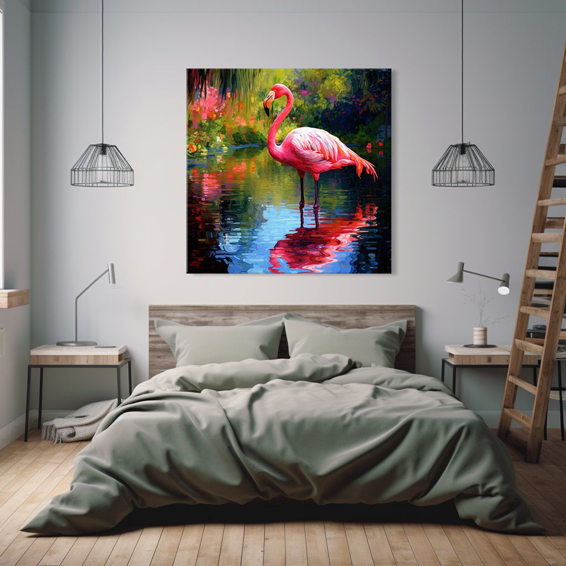 Pink Flamingo In A Tropical Pond With Lush Garden Painting Poster - Image 2