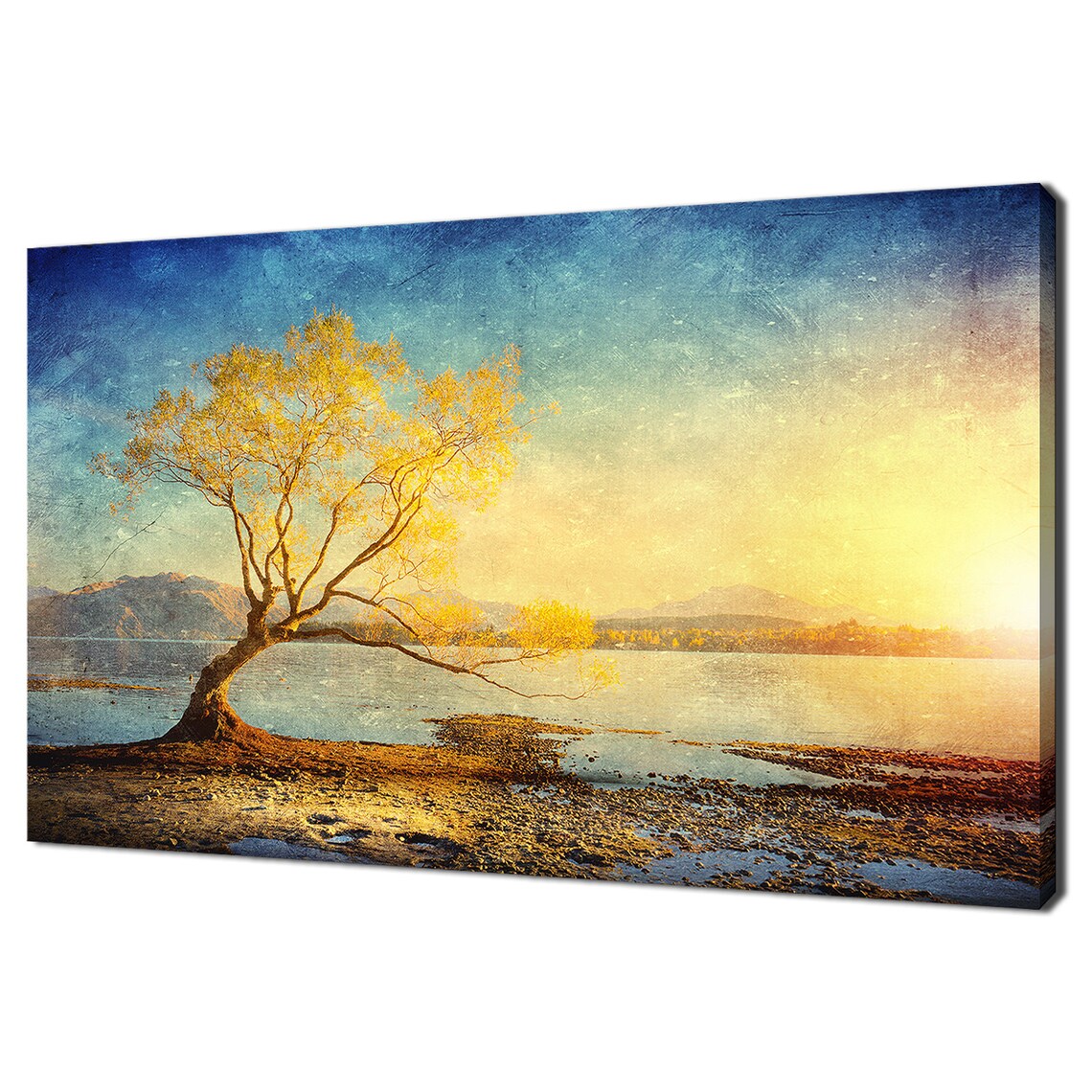 Lone Golden Tree Lakeside Autumn Vintage Grunge Landscape Wall Art