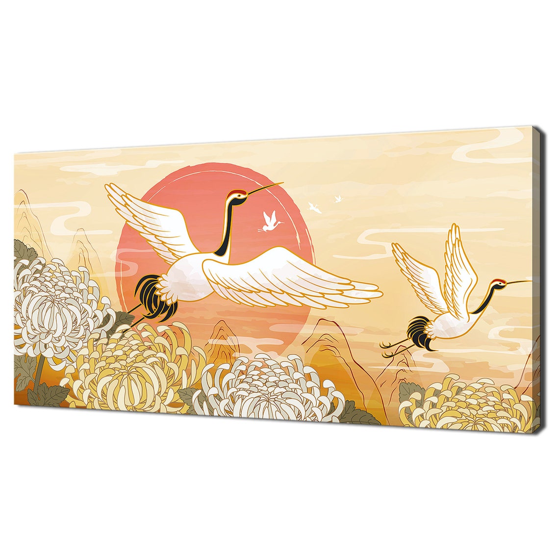 Japanese Flying Cranes With Red Sun Chrysanthemums Asian Art Poster
