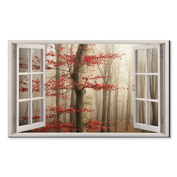 Red Tree In The Foggy Forest Window View Window Frame Style Modern Design Home Decor Print Wall Art Picture Ready To Hang