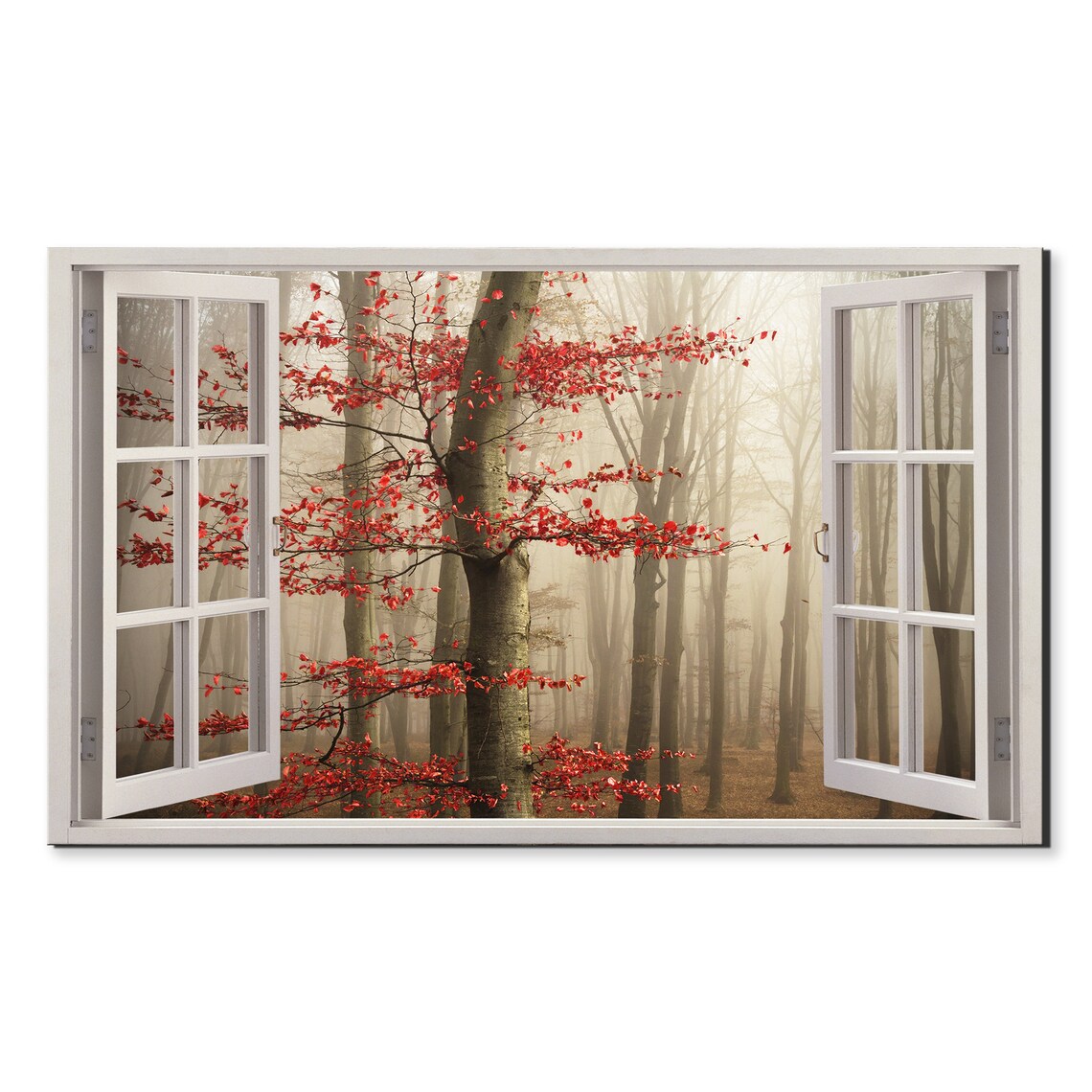 Red Tree In The Foggy Forest Window View Window Frame Style Modern Design Home Decor Print Wall Art Picture Ready To Hang