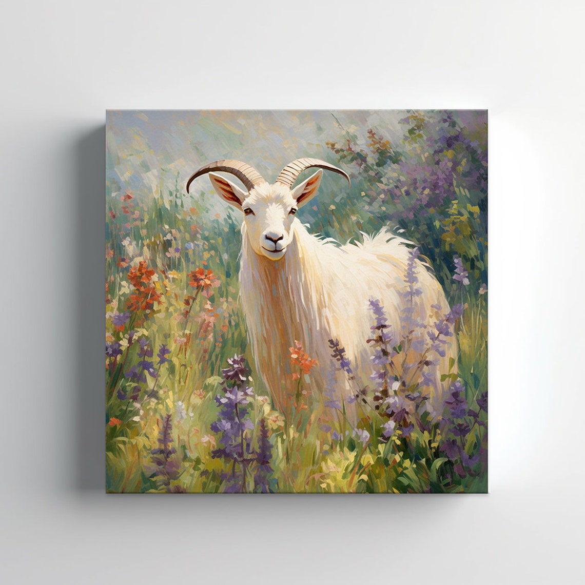 White Goat Portrait Colorful Wildflower Field Painterly Art Poster - Image 3