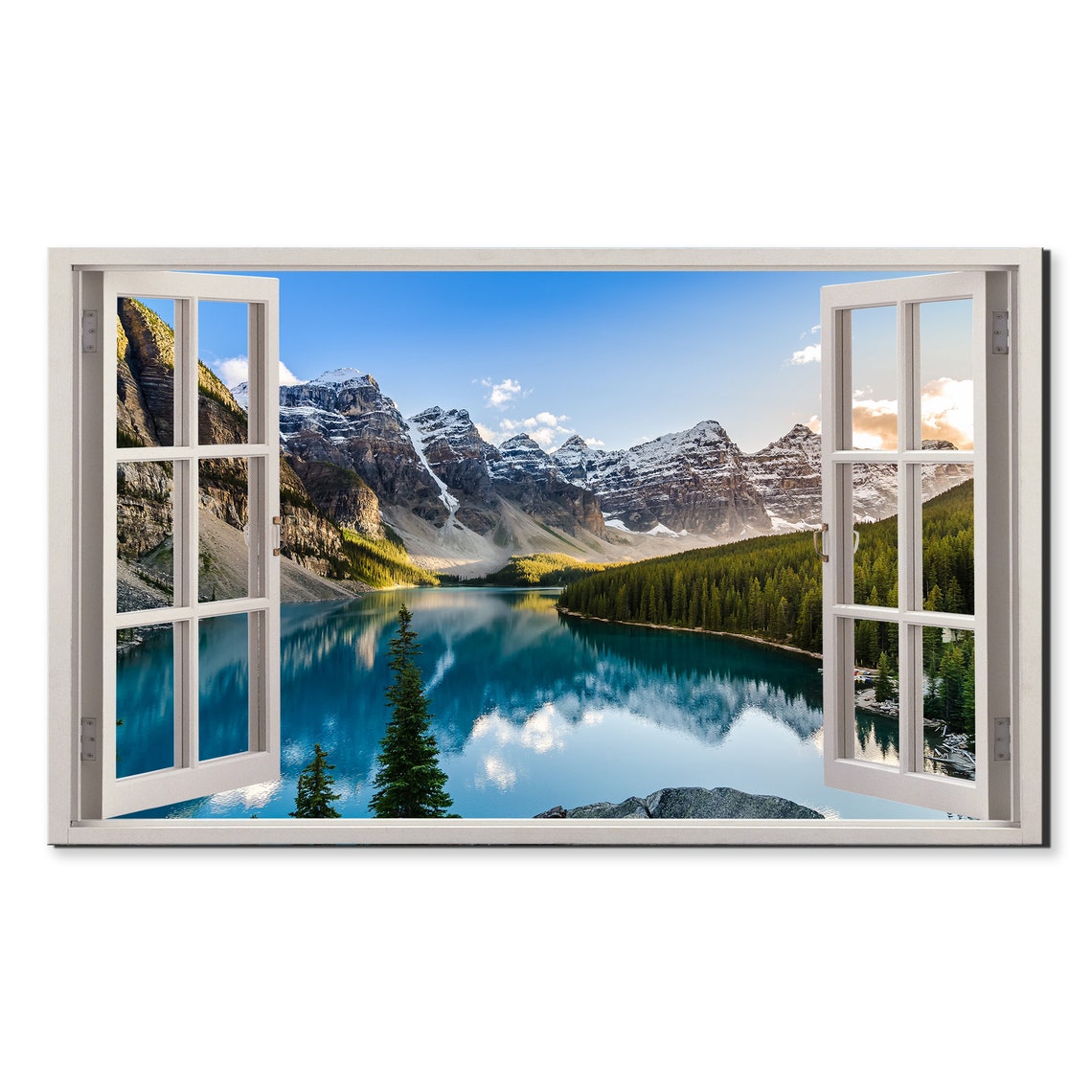 Moraine Lake Mountain Range At Sunset Window View Window Frame Style Modern Design Home Decor Print Wall Art Picture Ready To Hang