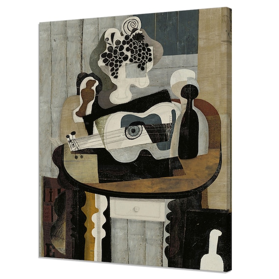 Cubism Guitar Still Life With Fruit Bottle Muted Modern Art Poster