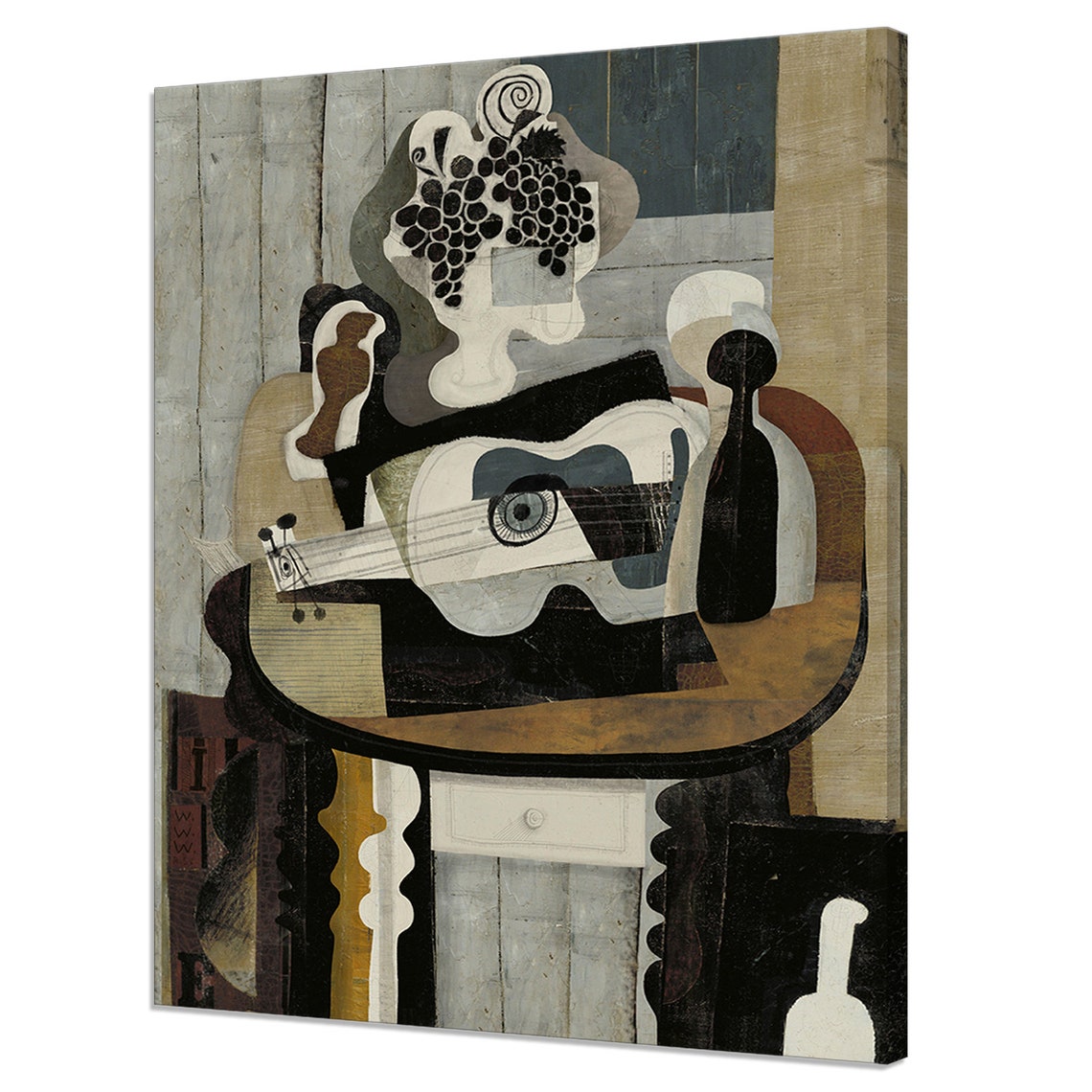Cubism Guitar Still Life With Fruit Bottle Muted Modern Art Poster