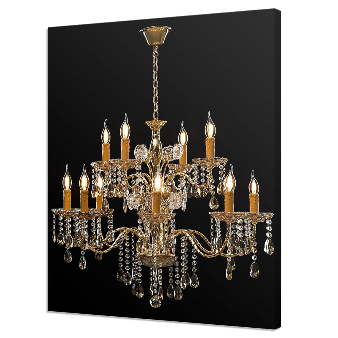 Elegant Gold Crystal Chandelier with Glowing Candles on Black Art Poster