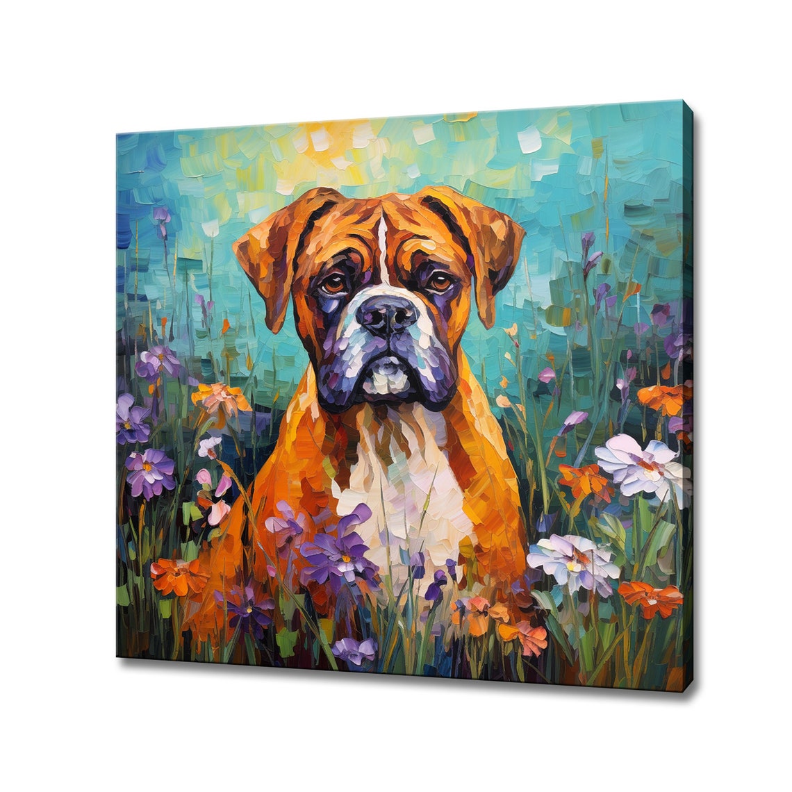 Boxer Dog In Flowers Field Colourful Print Gift For Boxer Dog Lover Colourful Dog Portrait Painting Print Dog Pet Wall Art