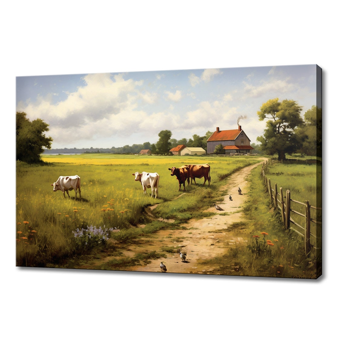 Cows On Sunny Farm Barn Red Roofs Dirt Road Vintage Country Art Poster