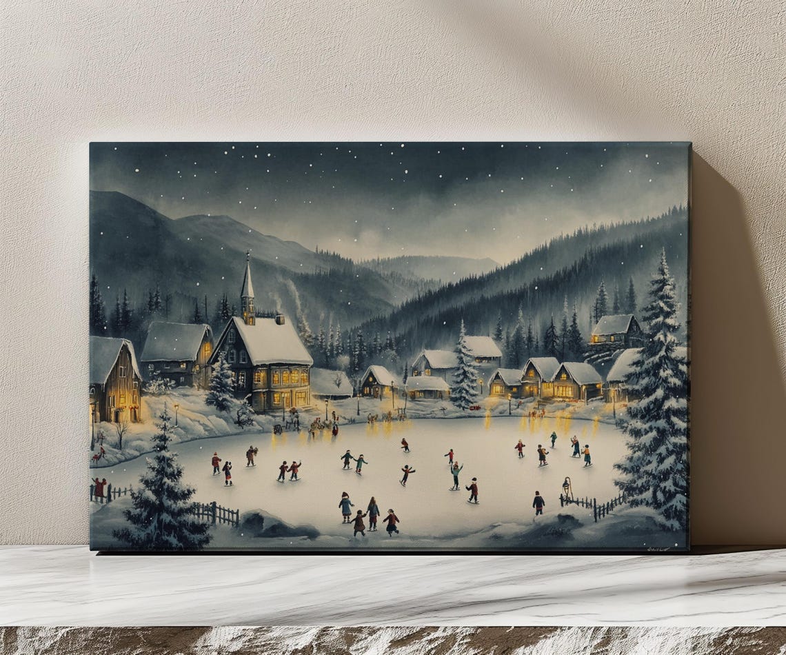 Ice Skating In Snowy Christmas Village Vintage Painting Style Print Farmhouse Decor Art Nature Picture Wall Hanging Fine Art Print - Image 3