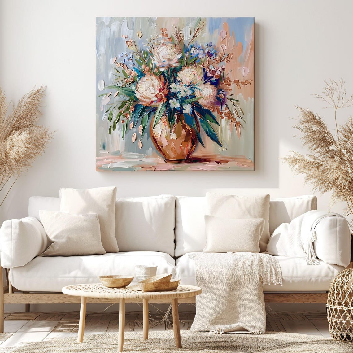 Pastel Flower Bouquet Copper Vase Impasto Still Life Painting Print - Image 3