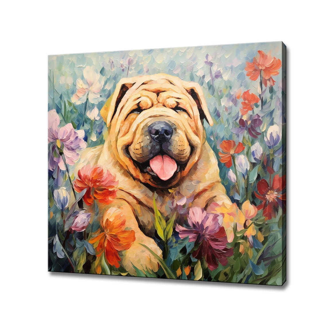 Cute Shar Pei Dog Flowers Animal Print Gift For Shar Pei Dog Lover Colourful Dog Portrait Painting Print Dog Pet Wall Art