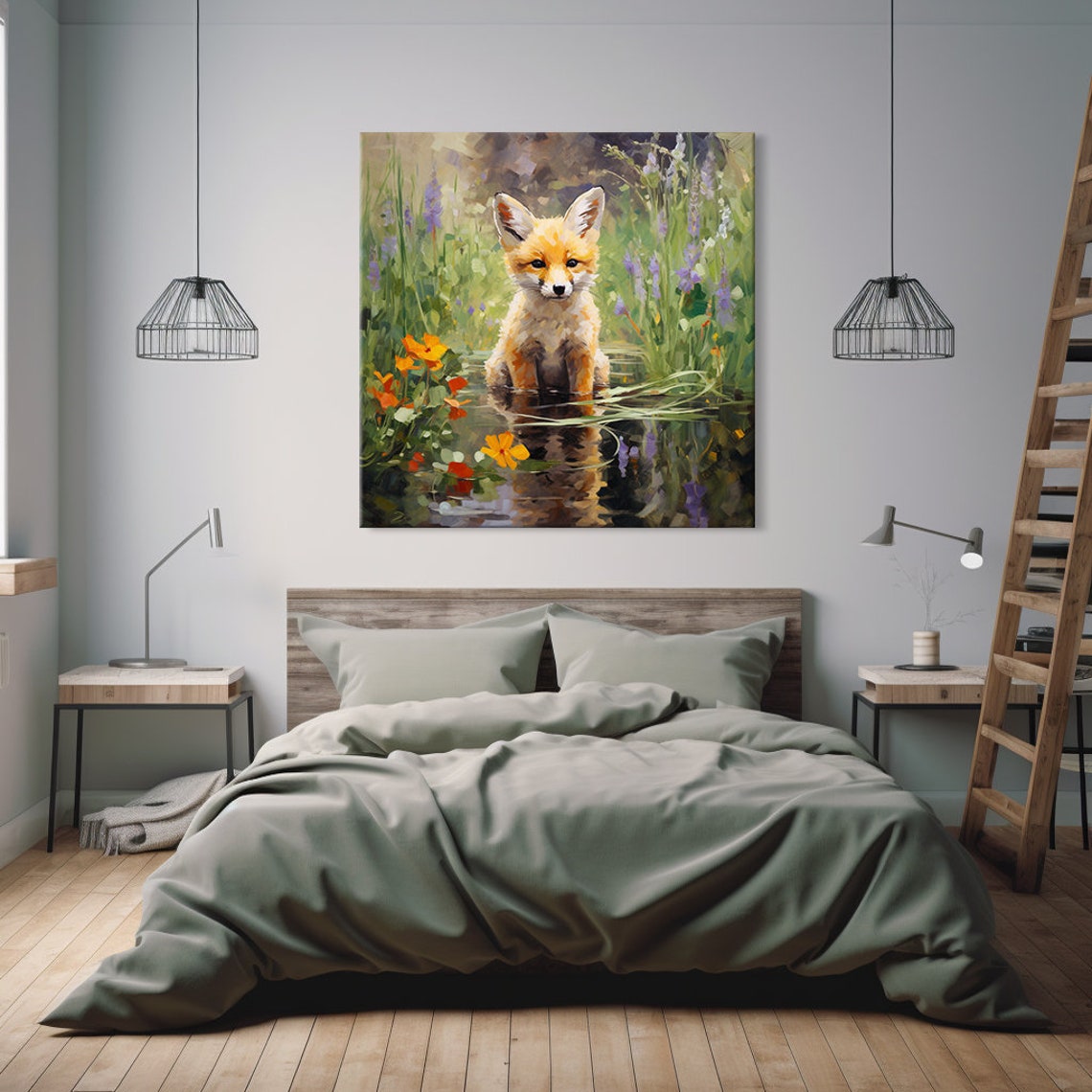 Baby Red Fox Cub In A Summer Wildflower Pond Painting Wall Art - Image 2