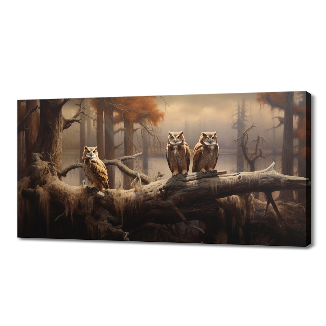 Great Horned Owls Fallen Log Misty Autumn Forest Moody Birds Poster