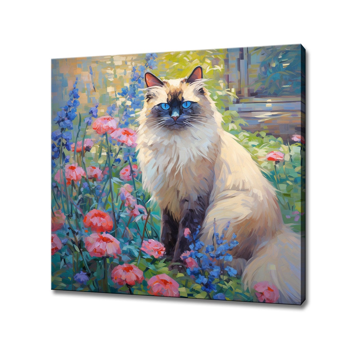Blue Eyed Fluffy Ragdoll Cat Sitting In Colorful Flower Garden Poster